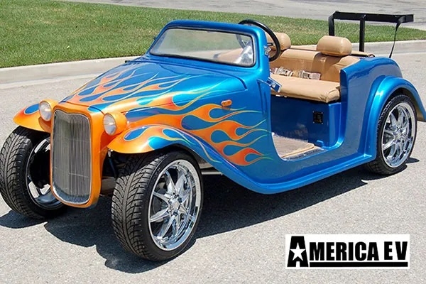 Blue California Roadster with Orange Flames affordable golf cart rental, golf cart rent virginia beach