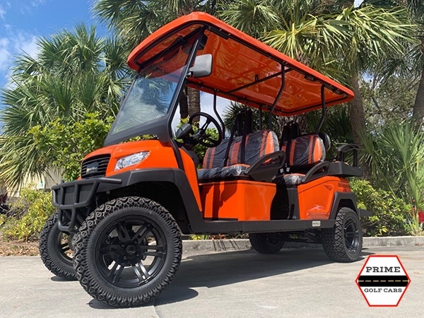 Orange Bintelli Beyond 6 Passenger Lifted Golf Cart affordable golf cart rental, golf cart rent virginia beach