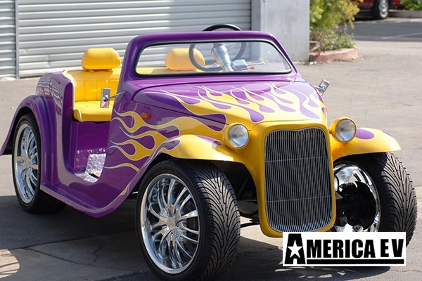 Purple California Roadster with Yellow Flames affordable golf cart rental, golf cart rent virginia beach