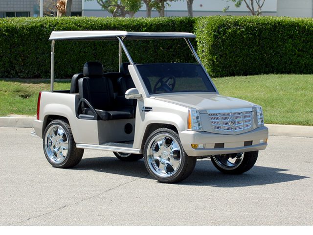 Silver Escalade Golf Cart With Roof and Custom Wheels affordable golf cart rental, golf cart rent virginia beach